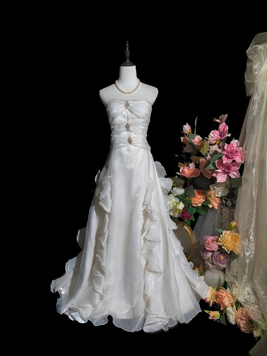 Elegant Prom Dress A Line Strapless Pleated Ruffle Evening Dress Gala Dress     D3102