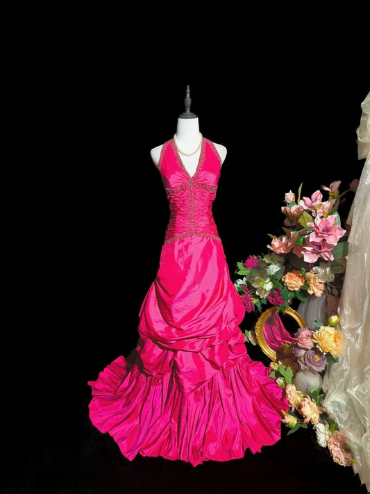 Charming Prom Dress Hot Pink A Line Halter Pleated Evening Dress Gala Dress    D3104