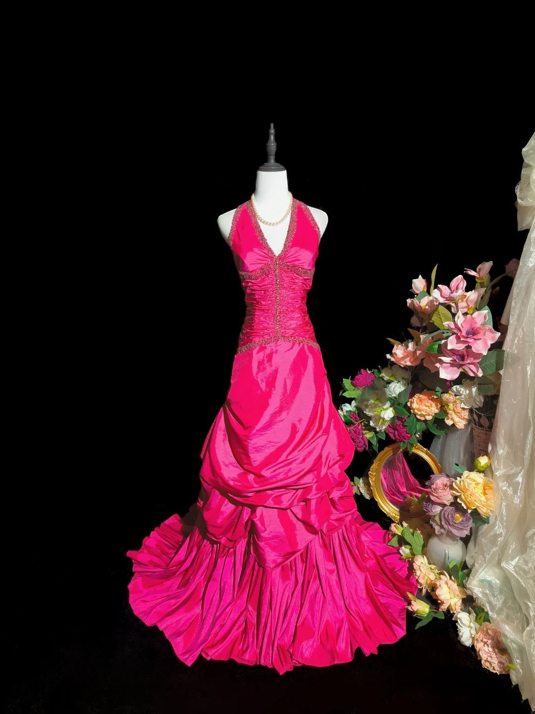 Charming Prom Dress Hot Pink A Line Halter Pleated Evening Dress Gala Dress    D3104
