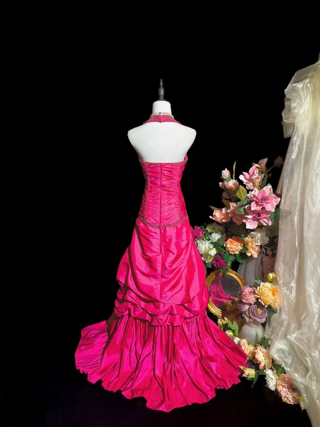 Charming Prom Dress Hot Pink A Line Halter Pleated Evening Dress Gala Dress    D3104