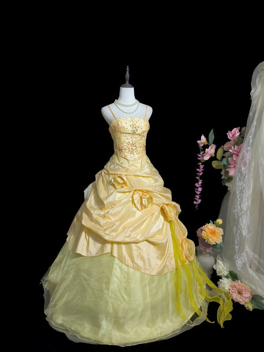 Sweet Prom Dress Yellow Spaghetti Straps Pleated Tulle Evening Dress Quinceanera Dress Ball Gown  D3105