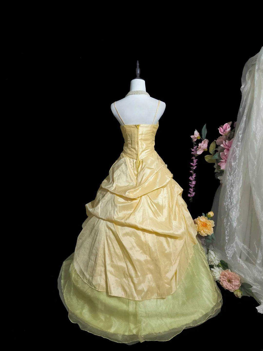 Sweet Prom Dress Yellow Spaghetti Straps Pleated Tulle Evening Dress Quinceanera Dress Ball Gown  D3105