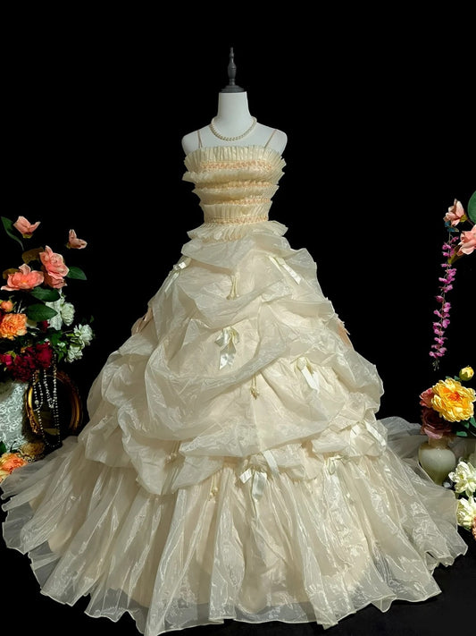 Sweet Prom Dress Yellow Spaghetti Straps Pleated Tulle Evening Dress Quinceanera Dress Ball Gown  D3106