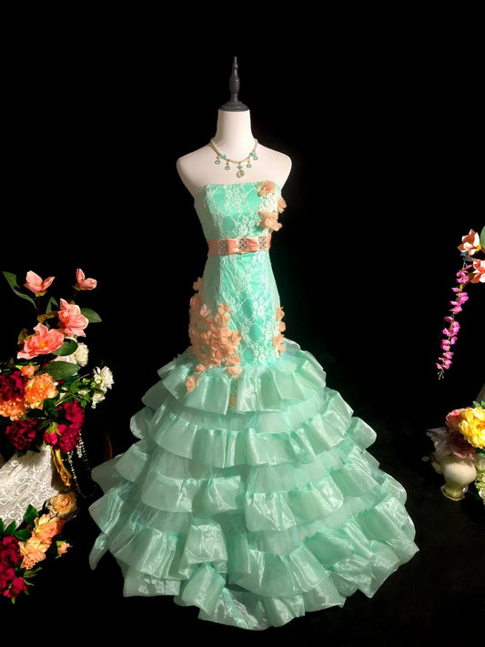 Stunning Prom Dress Strapless Pleated Tiered Mermaid Evening Dress Gala Dress   D3109