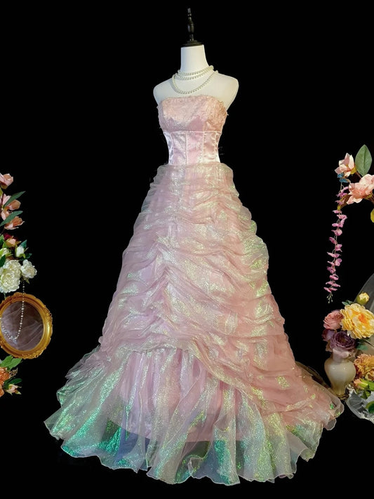 Shiny Prom Dress A Line Strapless Pleated Evening Dress Gala Dress Birthday Party Dress   D3111