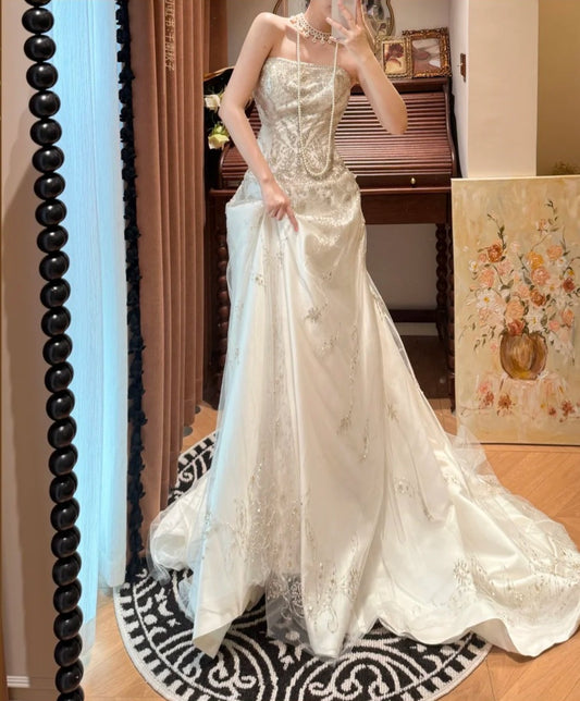 Stunning A Line Strapless Beading Wedding Dress D3115