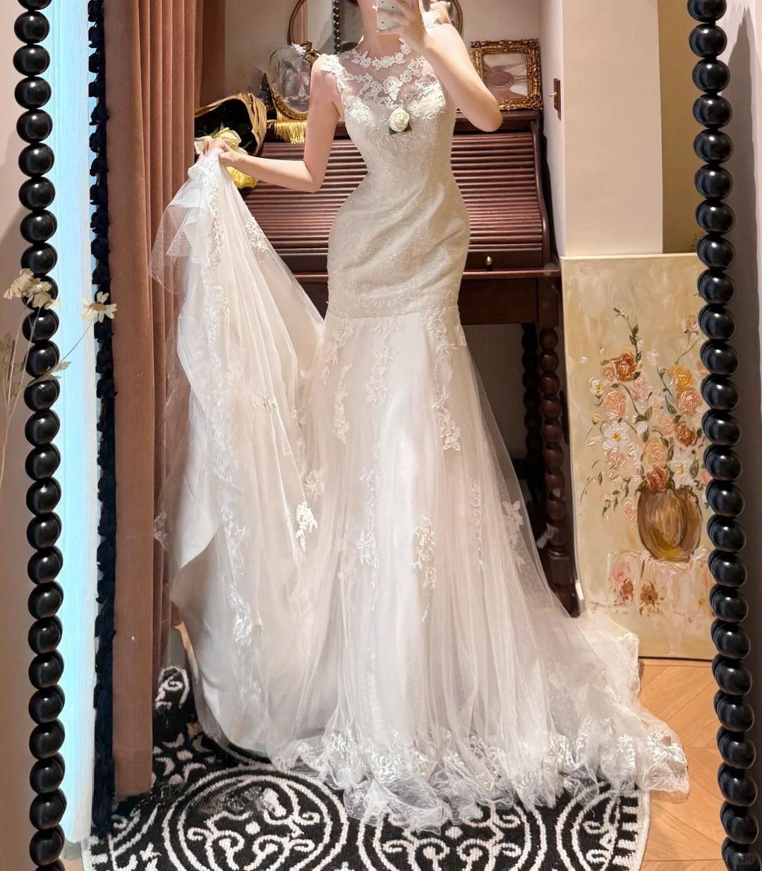 Robe de mariée sirène élégante à col ras du cou et à plis en dentelle D3116