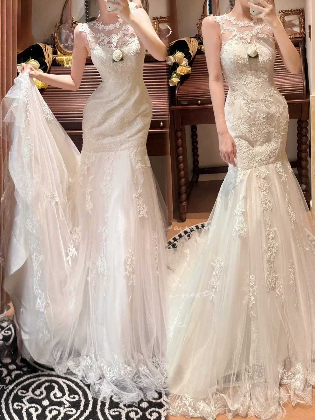 Robe de mariée sirène élégante à col ras du cou et à plis en dentelle D3116