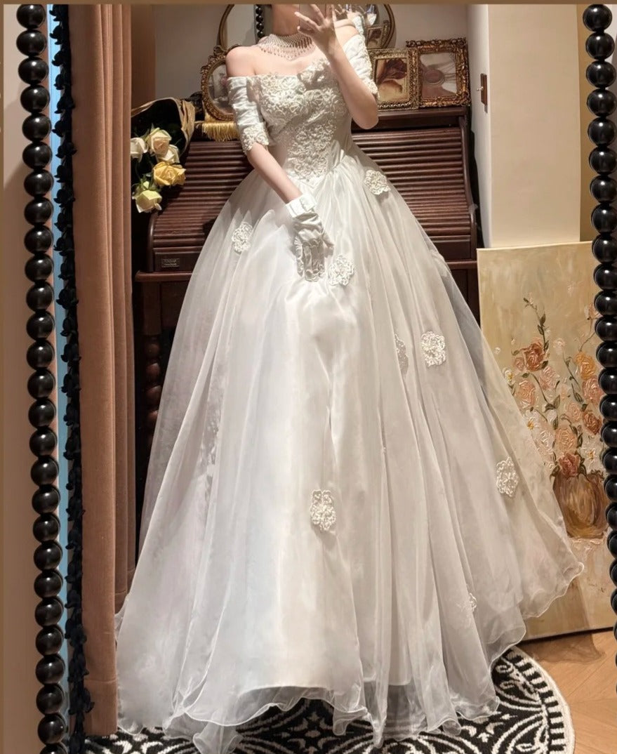 Romantic Off Shoulder Pleated Wedding Dress D3119