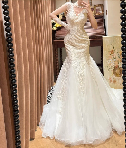 Charming V-neck Tulle Mermaid Wedding Dress D3120