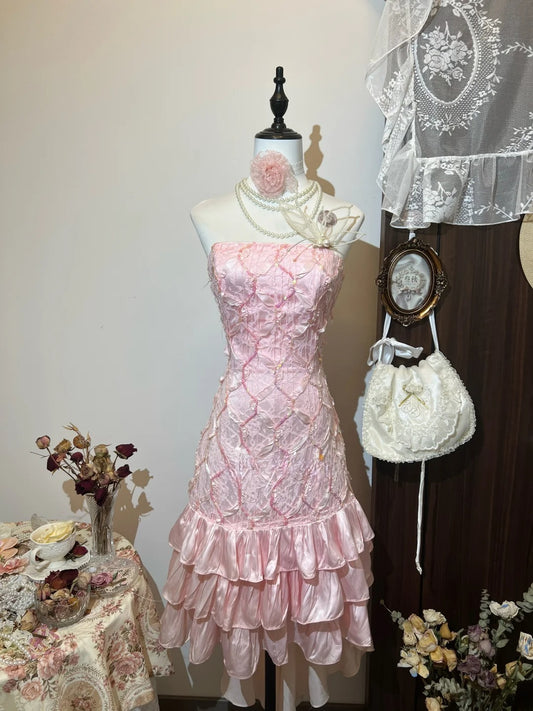 Sweet Homecoming Dress Light Pink Strapless Tiered Short Prom Dress Birthday Party Dress   D3126