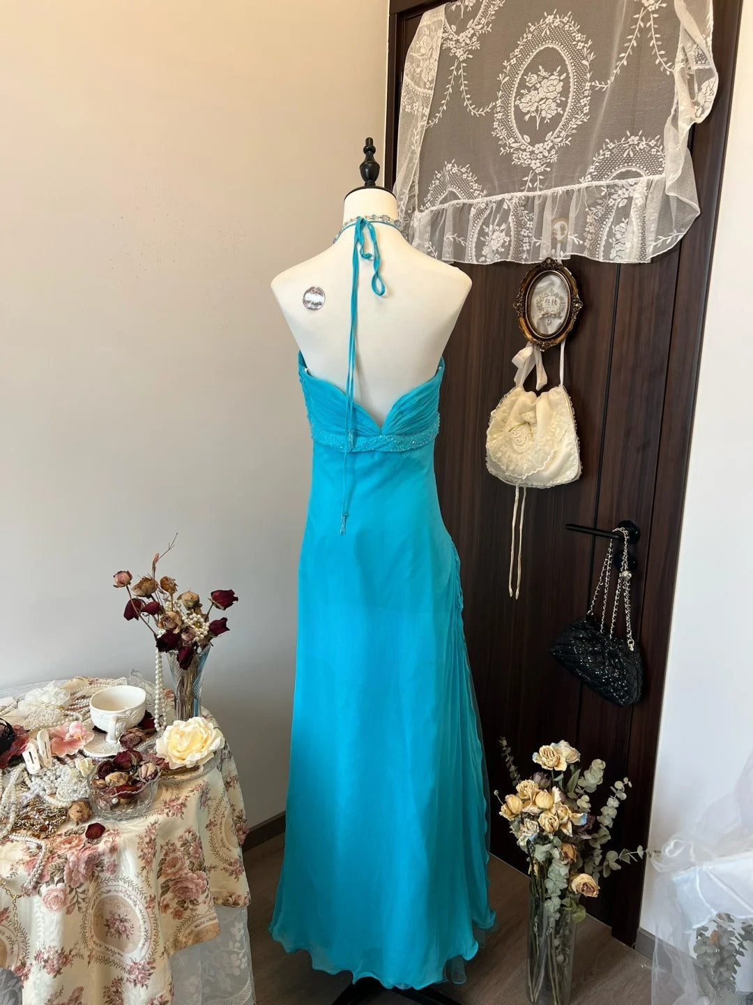 Beauty Prom Dress A Line Halter Pleated Birthday Party Dress Evening Dress Gala Dress   D3127