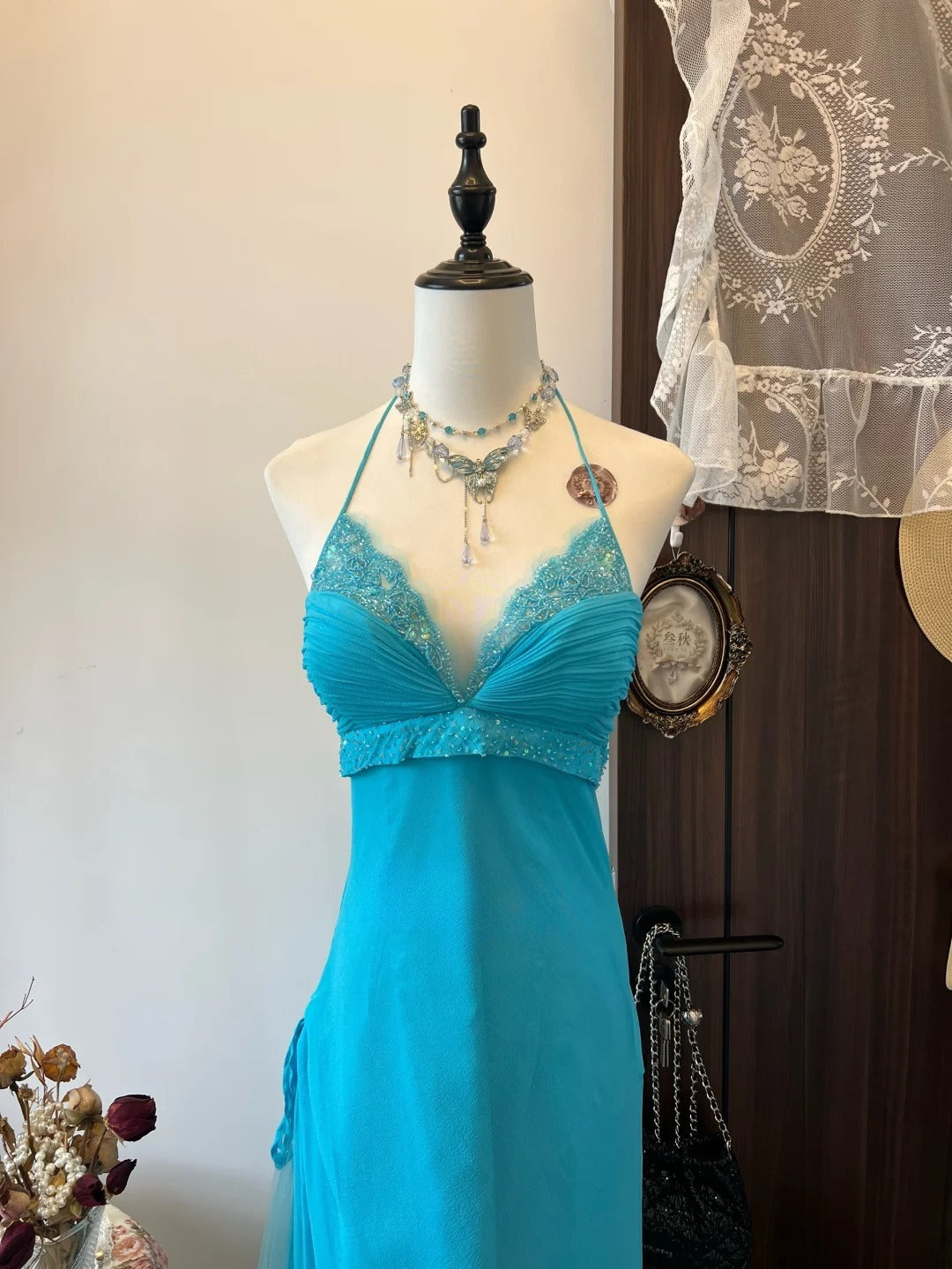 Beauty Prom Dress A Line Halter Pleated Birthday Party Dress Evening Dress Gala Dress   D3127