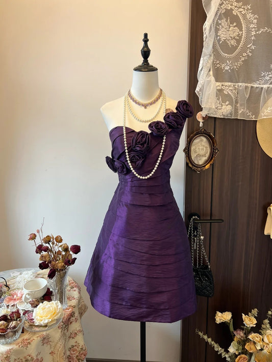 Elegant Homecoming Dress A Line One Shoulder Pleated Short Prom Dress Evening Dress Cocktail Dress   D3128