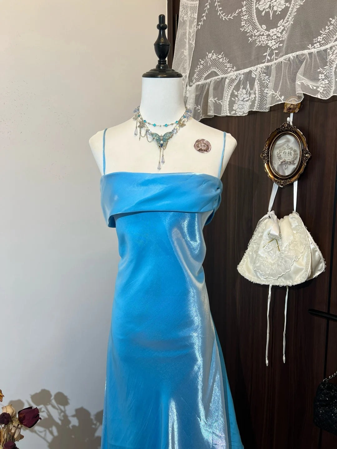 Shiny Prom Dress Blue A Line Spaghetti Straps Evening Dress Gala Dress   D3132