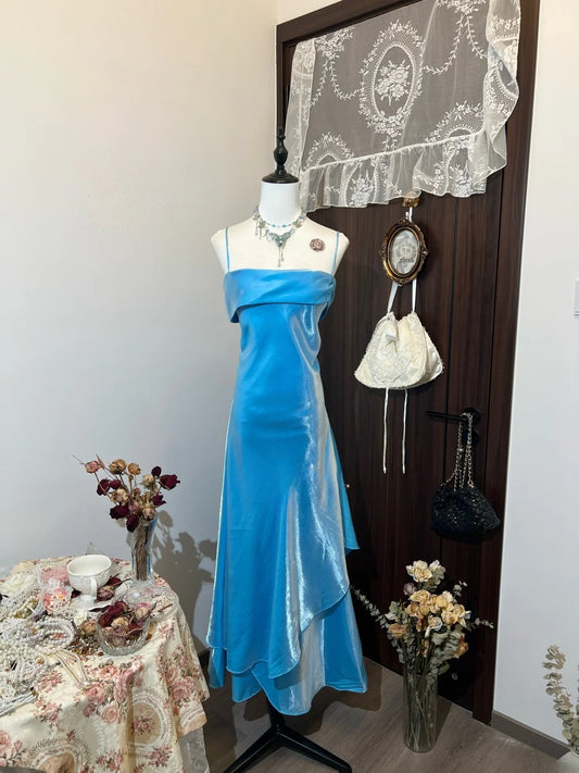 Shiny Prom Dress Blue A Line Spaghetti Straps Evening Dress Gala Dress   D3132