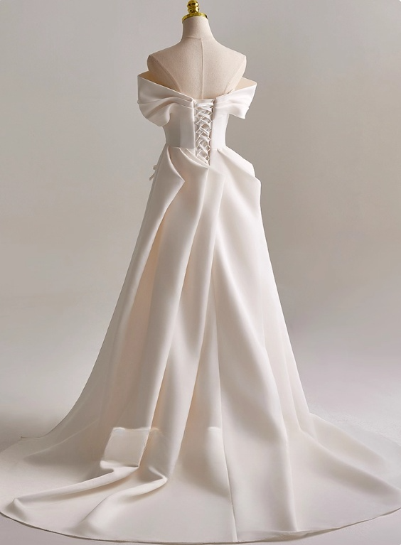 Minimalist A Line Off Shoulder Pleated Wedding Dress D3134