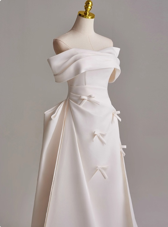 Minimalist A Line Off Shoulder Pleated Wedding Dress D3134