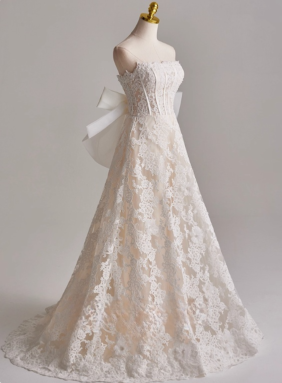Elegant A Line Strapless Bowknot Lace Wedding Dress D3136