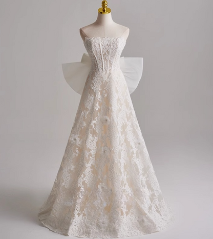 Elegant A Line Strapless Bowknot Lace Wedding Dress D3136