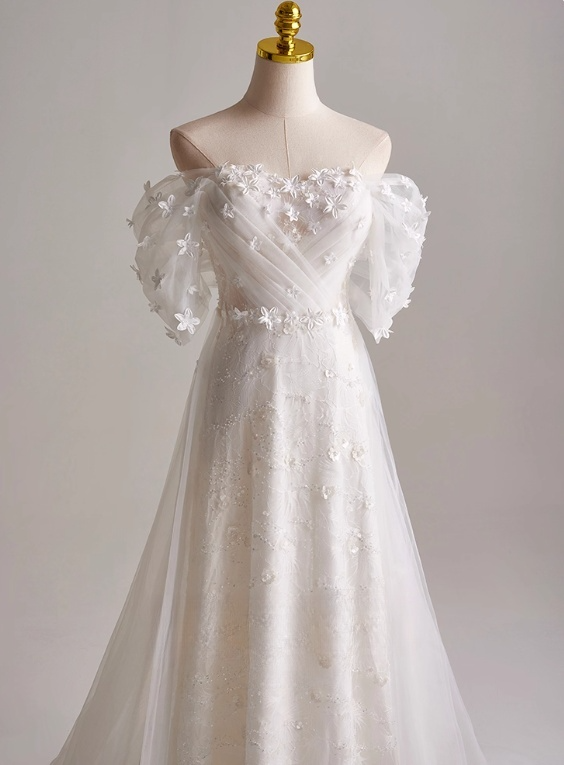 Elegant A Line Off Shoulder Pleated Tulle Wedding Dress D3139