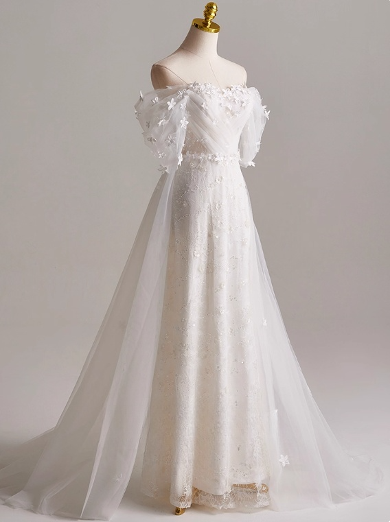 Elegant A Line Off Shoulder Pleated Tulle Wedding Dress D3139