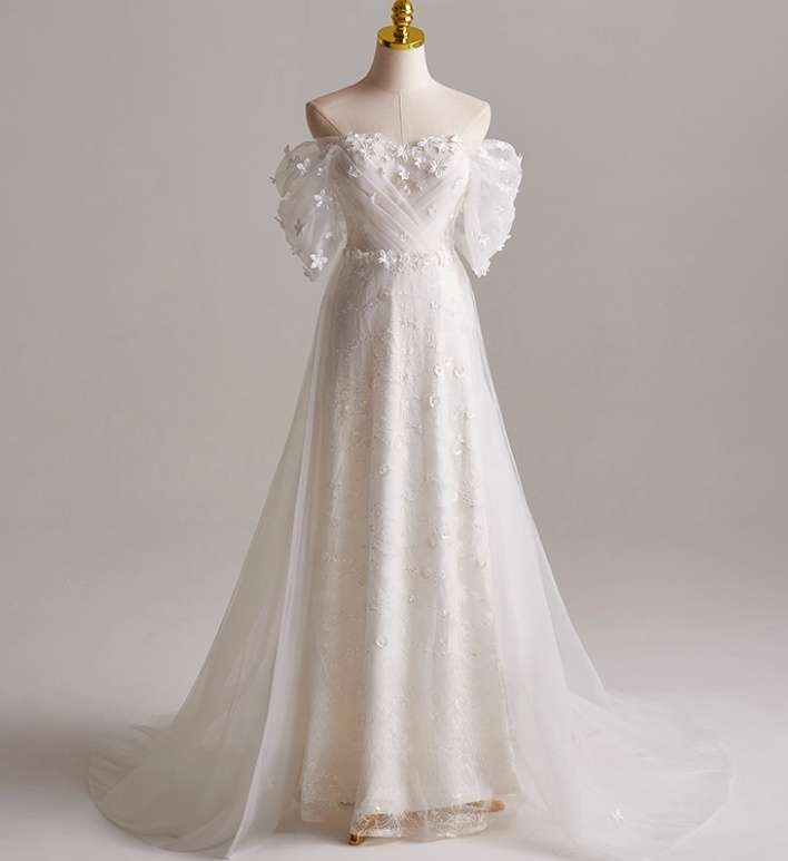 Elegant A Line Off Shoulder Pleated Tulle Wedding Dress D3139