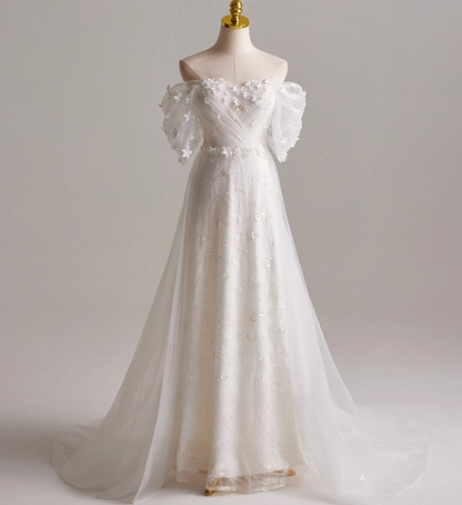 Elegant A Line Off Shoulder Pleated Tulle Wedding Dress D3139