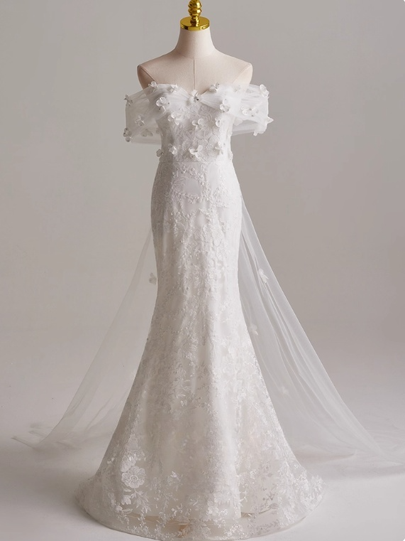 Charming Off Shoulder Floral Tulle Mermaid Wedding Dress D3140