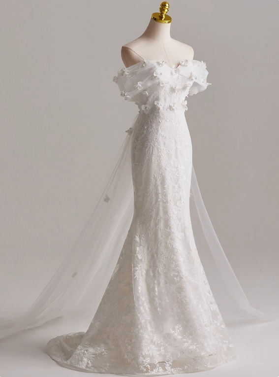 Charming Off Shoulder Floral Tulle Mermaid Wedding Dress D3140