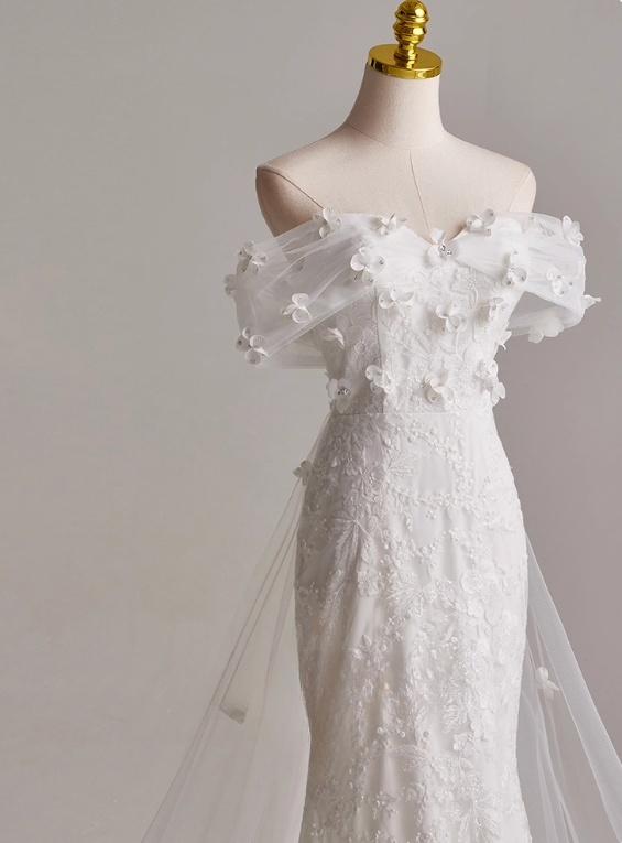 Charming Off Shoulder Floral Tulle Mermaid Wedding Dress D3140
