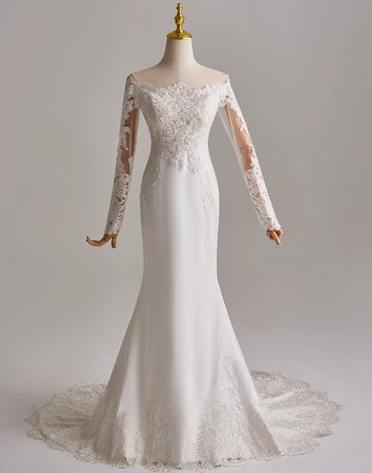 Stunning Wedding Dress Off Shoulder Long Sleeve Mermaid Wedding Dress D3141