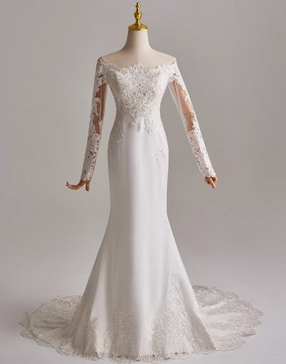 Stunning Wedding Dress Off Shoulder Long Sleeve Mermaid Wedding Dress D3141