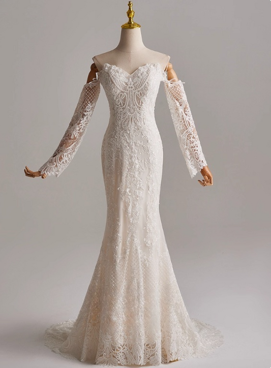 Elegant Wedding Dress Sweetheart Long Sleeve Mermaid Wedding Dress D3143