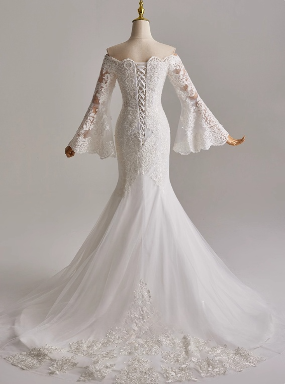 Elegant Wedding Dress Off Shoulder Long Sleeve Tulle Mermaid Wedding Dress D3145
