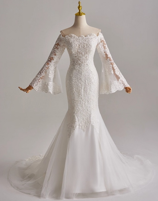 Elegant Wedding Dress Off Shoulder Long Sleeve Tulle Mermaid Wedding Dress D3145