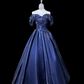 Charming Prom Dress Dark Blue Off Shoulder Pleated Evening Dress Gala Dress    D3150