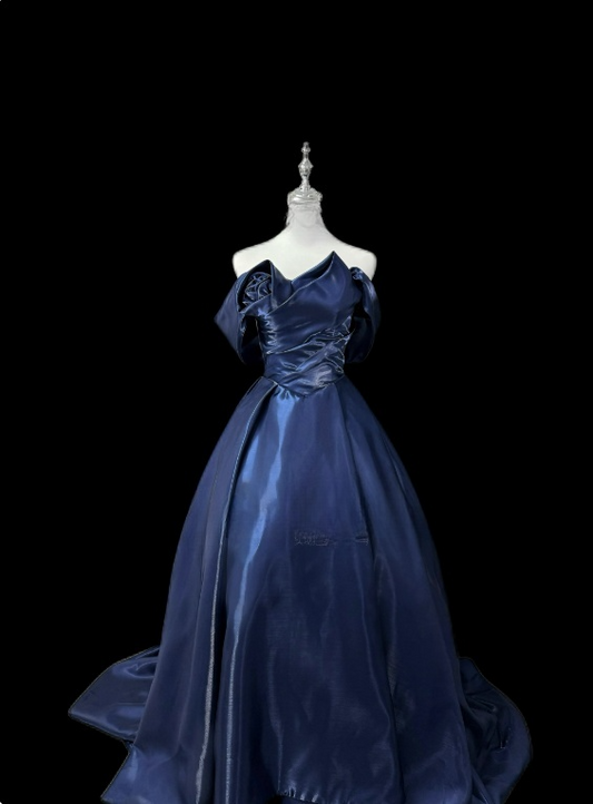 Stunning Prom Dress Dark Blue Asymmetrical Neck Pleated Ball Gown Evening Dress     D3152