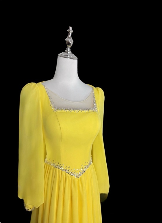Elegant Prom Dress Yellow Crew Neck Pleated Evening Dress Gala Dress Mother of Bride Dress   D3155
