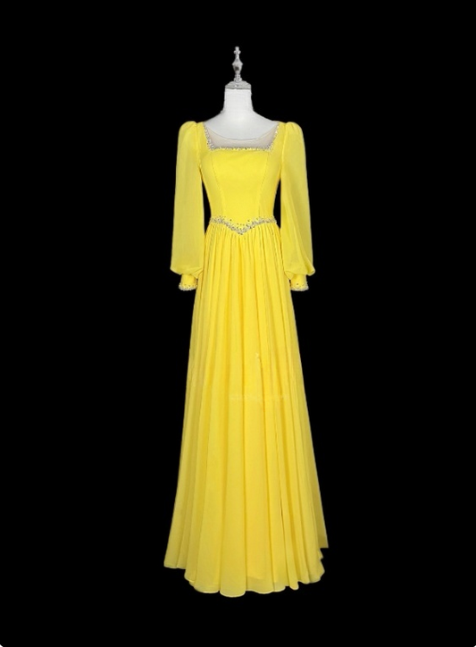 Elegant Prom Dress Yellow Crew Neck Pleated Evening Dress Gala Dress Mother of Bride Dress   D3155