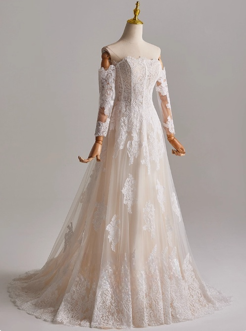 Elegant A Line Strapless Long Sleeve Pleated Wedding Dresss D3160