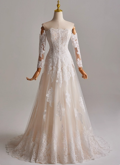 Elegant A Line Strapless Long Sleeve Pleated Wedding Dresss D3160