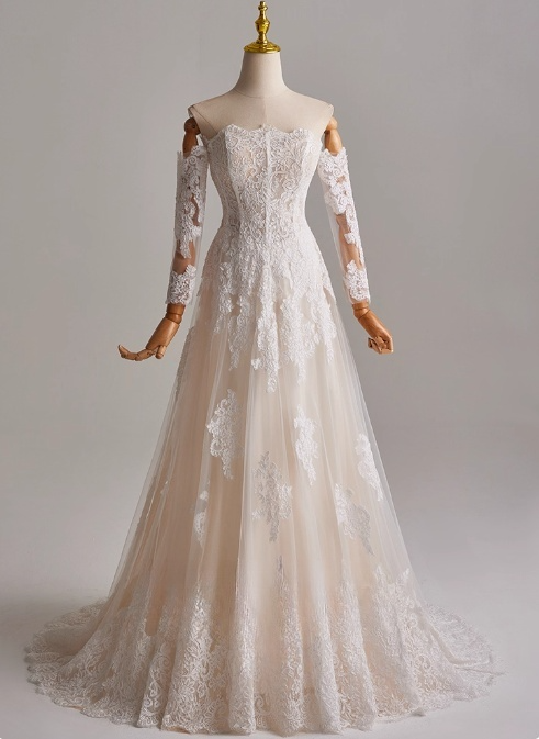 Elegant A Line Strapless Long Sleeve Pleated Wedding Dresss D3160