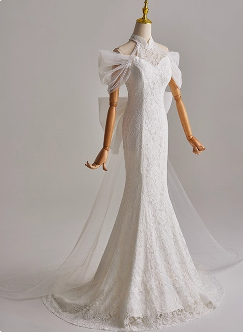 Pretty Long Sleeve Tulle Bowknot Mermaid Wedding Dress D3162