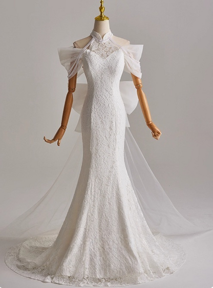 Pretty Long Sleeve Tulle Bowknot Mermaid Wedding Dress D3162