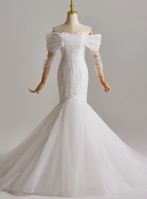 Elegant Off Shoulder Long Sleeve Tulle Pleated Mermaid Wedding Dress D3164