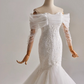 Elegant Off Shoulder Long Sleeve Tulle Pleated Mermaid Wedding Dress D3164