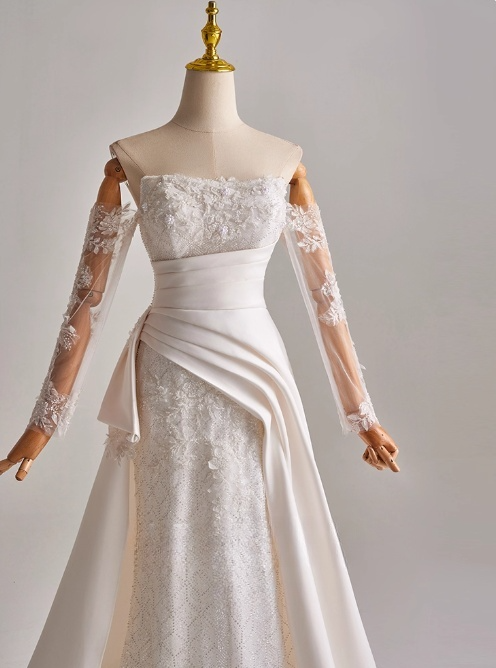 Elegant A Line Strapless Long Sleeve Pleated Wedding Dress D3165