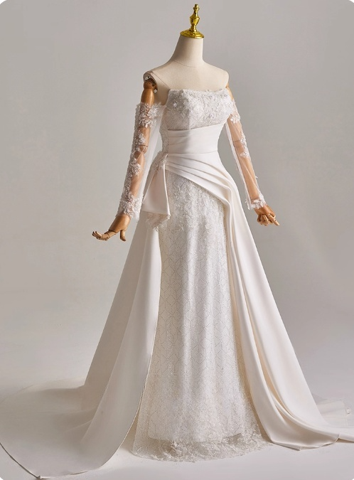 Elegant A Line Strapless Long Sleeve Pleated Wedding Dress D3165