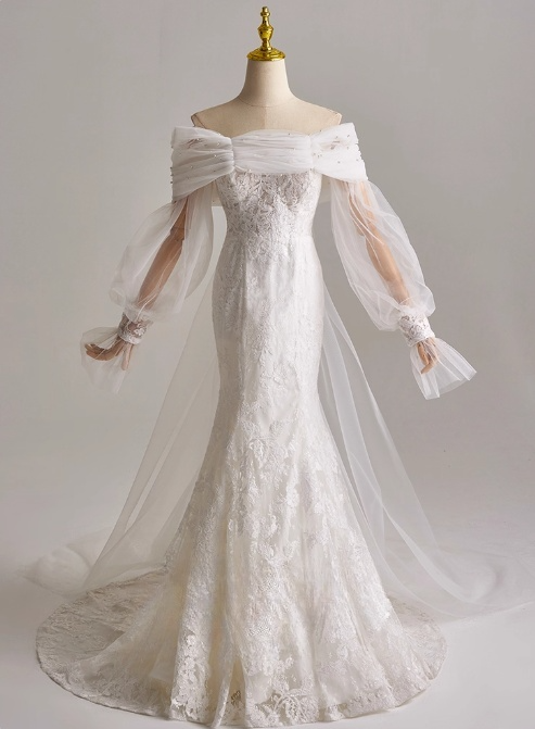 Elegant Off Shoulder Long Sleeve Pleated Tulle Mermaid Wedding Dress D3166